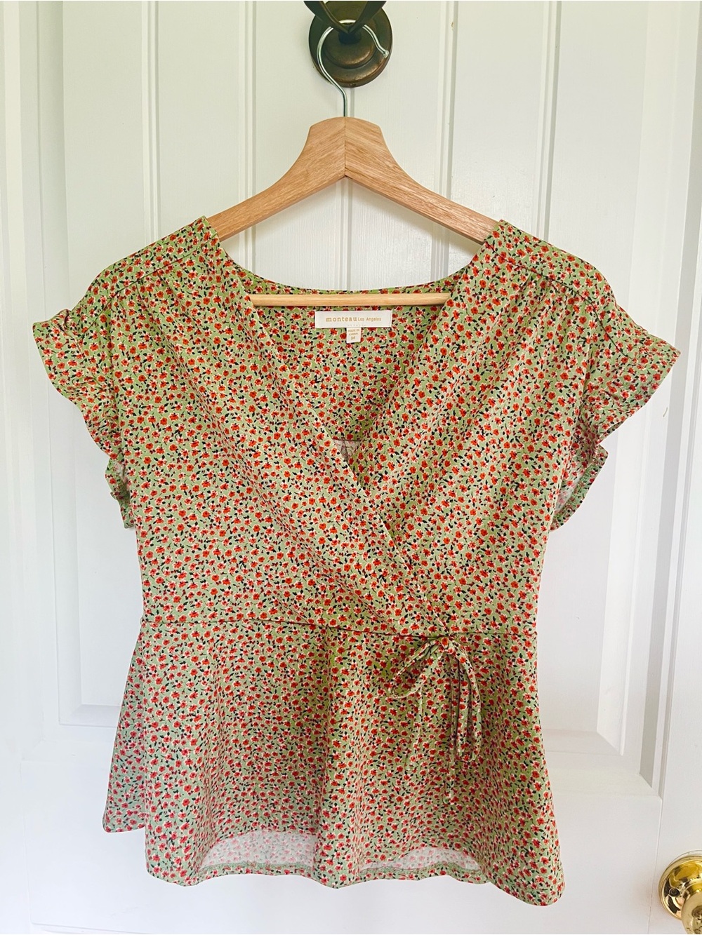 Monteau Green Floral Wrap Peplum Blouse with Red Accents